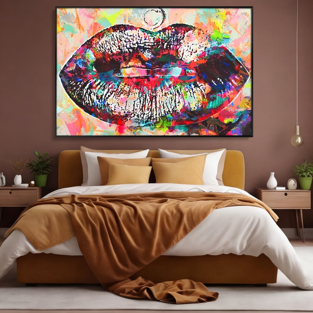 Tablou Canvas Premium LuxCanva® E1028, Sarut Pop Art, Buze, Glamour, Neon, Cromatic, Senzualitate, Living Room, Culori vibrante