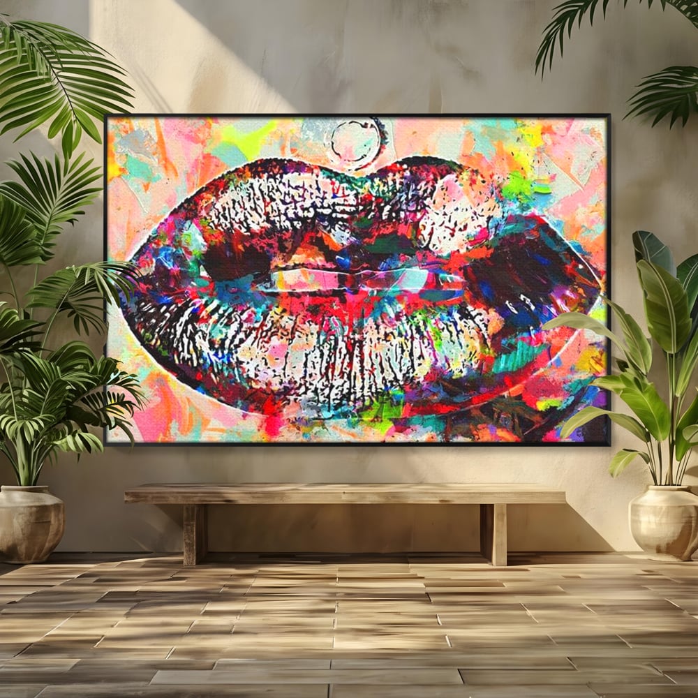 Tablou Canvas Premium LuxCanva® E1028, Sarut Pop Art, Buze, Glamour, Neon, Cromatic, Senzualitate, Living Room, Culori vibrante