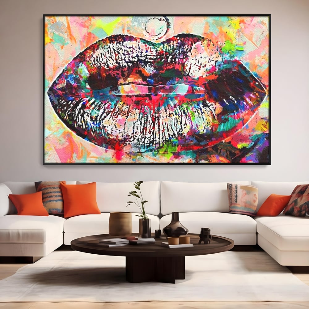 Tablou Canvas Premium LuxCanva® E1028, Sarut Pop Art, Buze, Glamour, Neon, Cromatic, Senzualitate, Living Room, Culori vibrante