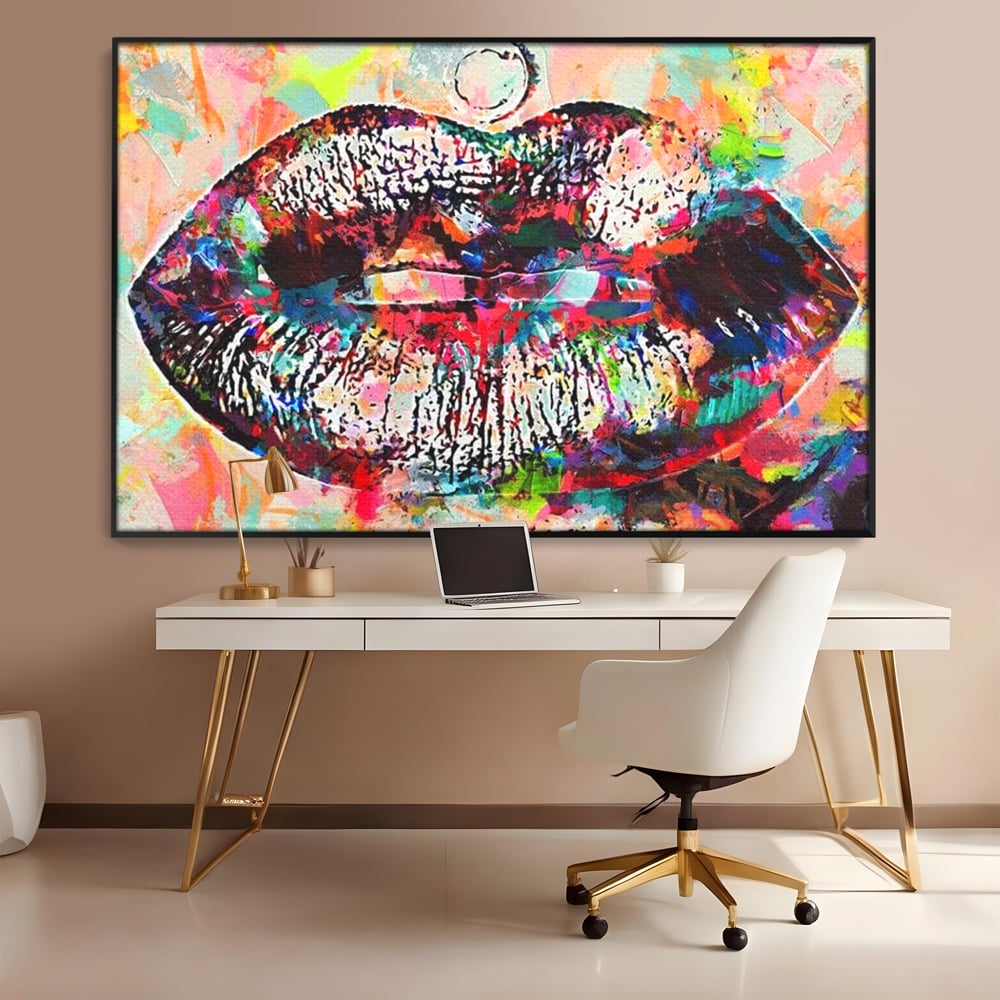 Tablou Canvas Premium LuxCanva® E1028, Sarut Pop Art, Buze, Glamour, Neon, Cromatic, Senzualitate, Living Room, Culori vibrante