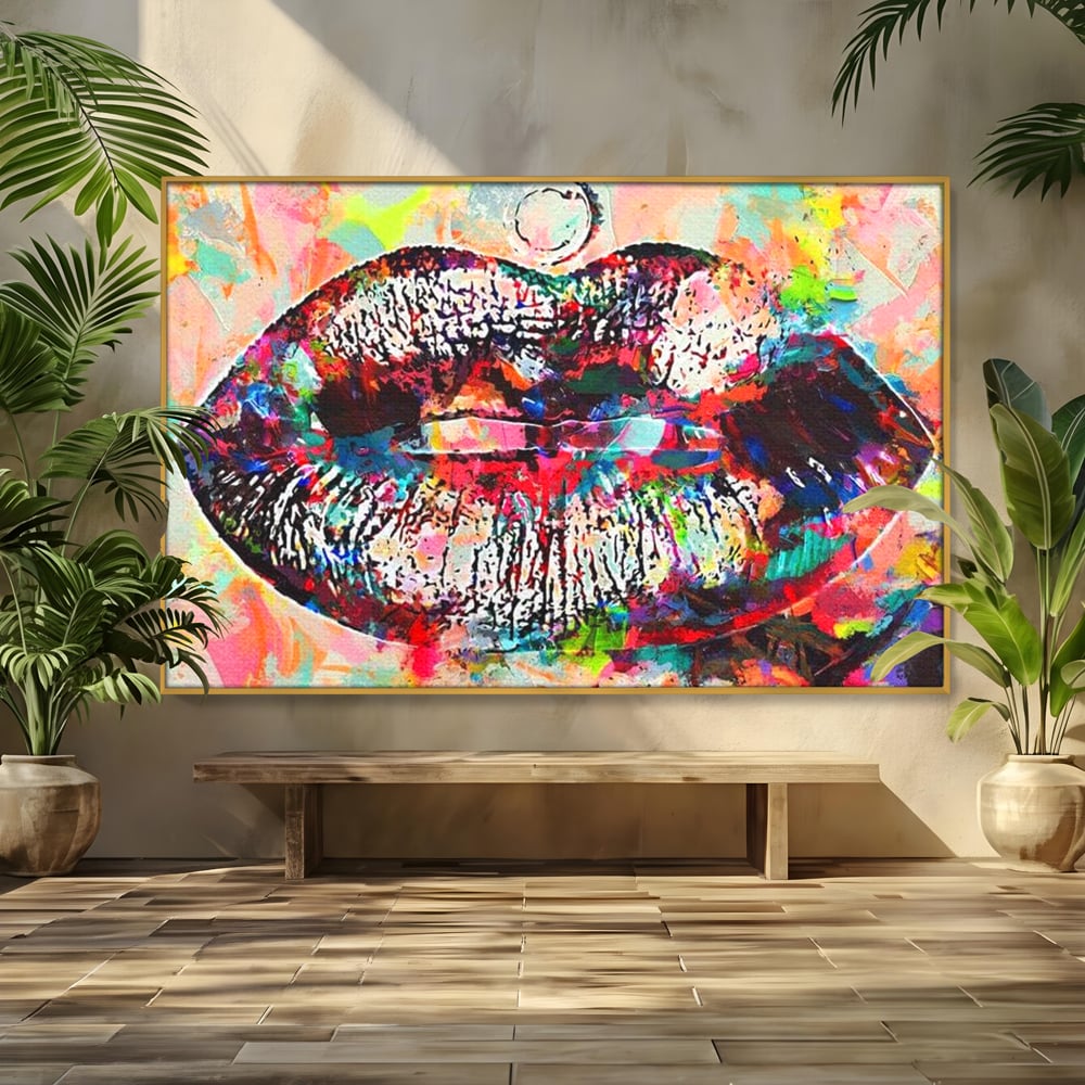 Tablou Canvas Premium LuxCanva® E1028, Sarut Pop Art, Buze, Glamour, Neon, Cromatic, Senzualitate, Living Room, Culori vibrante