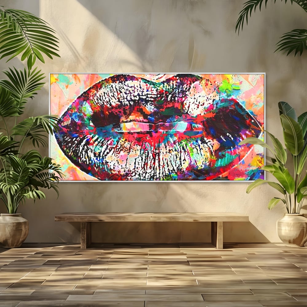 Tablou Canvas Premium LuxCanva® E1028, Sarut Pop Art, Buze, Glamour, Neon, Cromatic, Senzualitate, Living Room, Culori vibrante