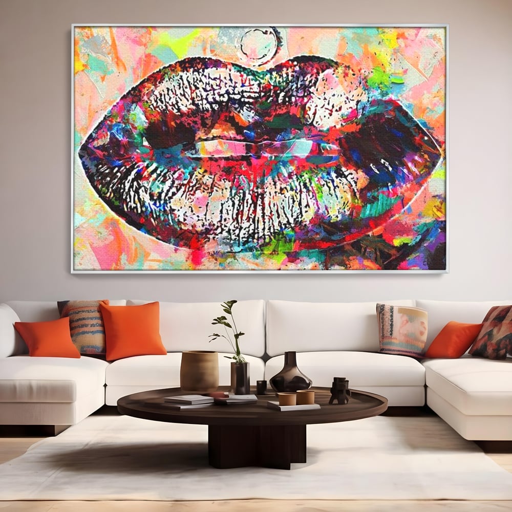 Tablou Canvas Premium LuxCanva® E1028, Sarut Pop Art, Buze, Glamour, Neon, Cromatic, Senzualitate, Living Room, Culori vibrante