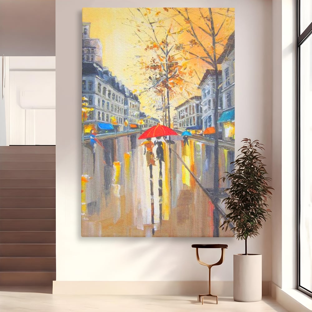 Leinwandbilder Premium LuxCanva® E1029, Pariser Herbst, Regen, regnerisch, Stadt, Herbst, Regenschirm, Gelassenheit, Gelassenheit, Wohnzimmer, leuchtende Farben