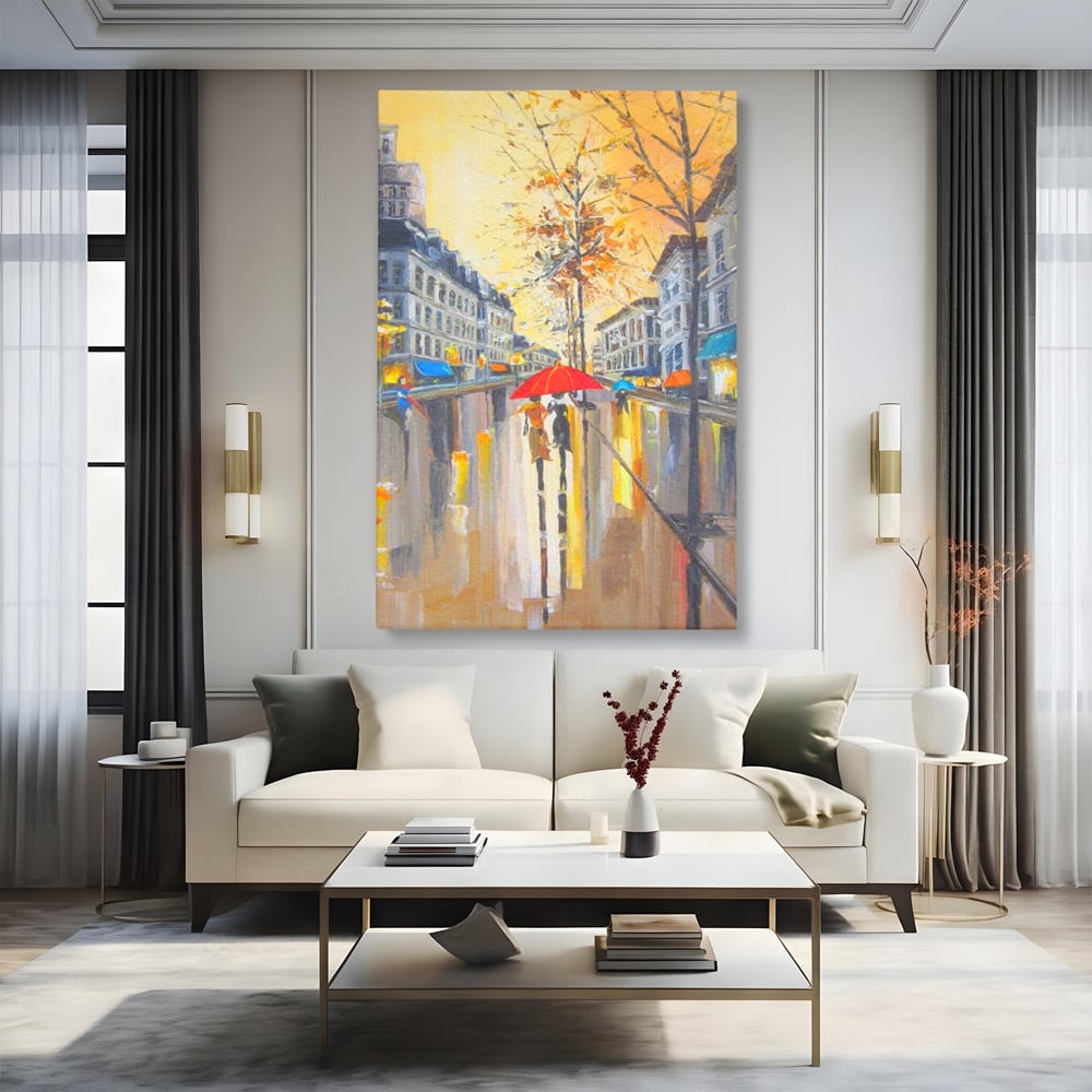 Leinwandbilder Premium LuxCanva® E1029, Pariser Herbst, Regen, regnerisch, Stadt, Herbst, Regenschirm, Gelassenheit, Gelassenheit, Wohnzimmer, leuchtende Farben