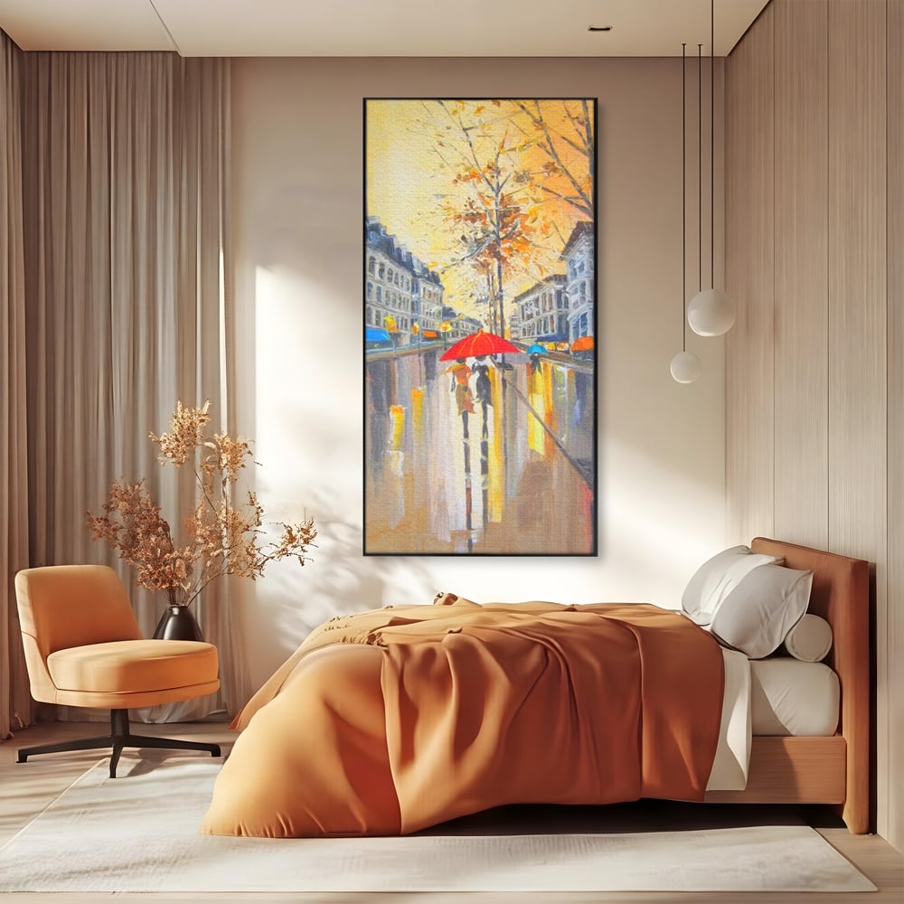 Leinwandbilder Premium LuxCanva® E1029, Pariser Herbst, Regen, regnerisch, Stadt, Herbst, Regenschirm, Gelassenheit, Gelassenheit, Wohnzimmer, leuchtende Farben