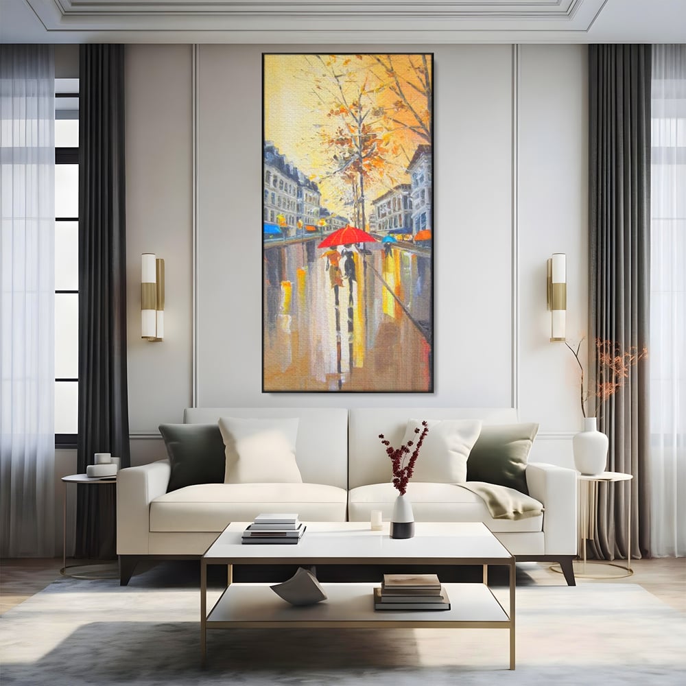 Leinwandbilder Premium LuxCanva® E1029, Pariser Herbst, Regen, regnerisch, Stadt, Herbst, Regenschirm, Gelassenheit, Gelassenheit, Wohnzimmer, leuchtende Farben