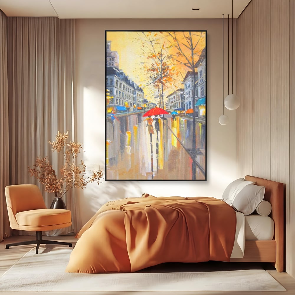 Leinwandbilder Premium LuxCanva® E1029, Pariser Herbst, Regen, regnerisch, Stadt, Herbst, Regenschirm, Gelassenheit, Gelassenheit, Wohnzimmer, leuchtende Farben