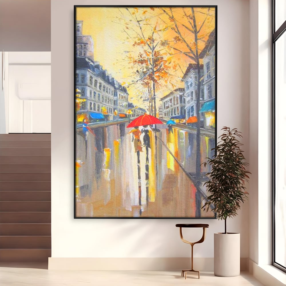 Leinwandbilder Premium LuxCanva® E1029, Pariser Herbst, Regen, regnerisch, Stadt, Herbst, Regenschirm, Gelassenheit, Gelassenheit, Wohnzimmer, leuchtende Farben