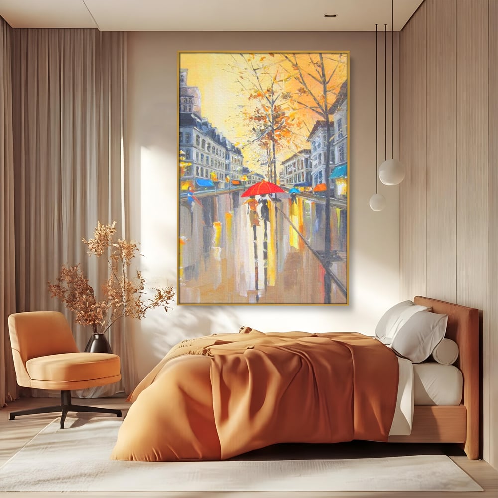 Leinwandbilder Premium LuxCanva® E1029, Pariser Herbst, Regen, regnerisch, Stadt, Herbst, Regenschirm, Gelassenheit, Gelassenheit, Wohnzimmer, leuchtende Farben