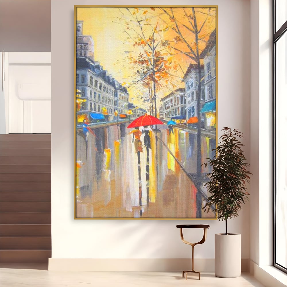 Leinwandbilder Premium LuxCanva® E1029, Pariser Herbst, Regen, regnerisch, Stadt, Herbst, Regenschirm, Gelassenheit, Gelassenheit, Wohnzimmer, leuchtende Farben
