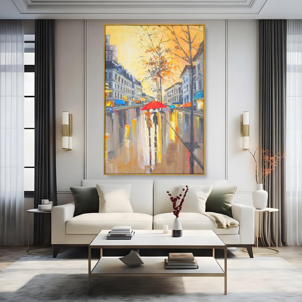 Leinwandbilder Premium LuxCanva® E1029, Pariser Herbst, Regen, regnerisch, Stadt, Herbst, Regenschirm, Gelassenheit, Gelassenheit, Wohnzimmer, leuchtende Farben