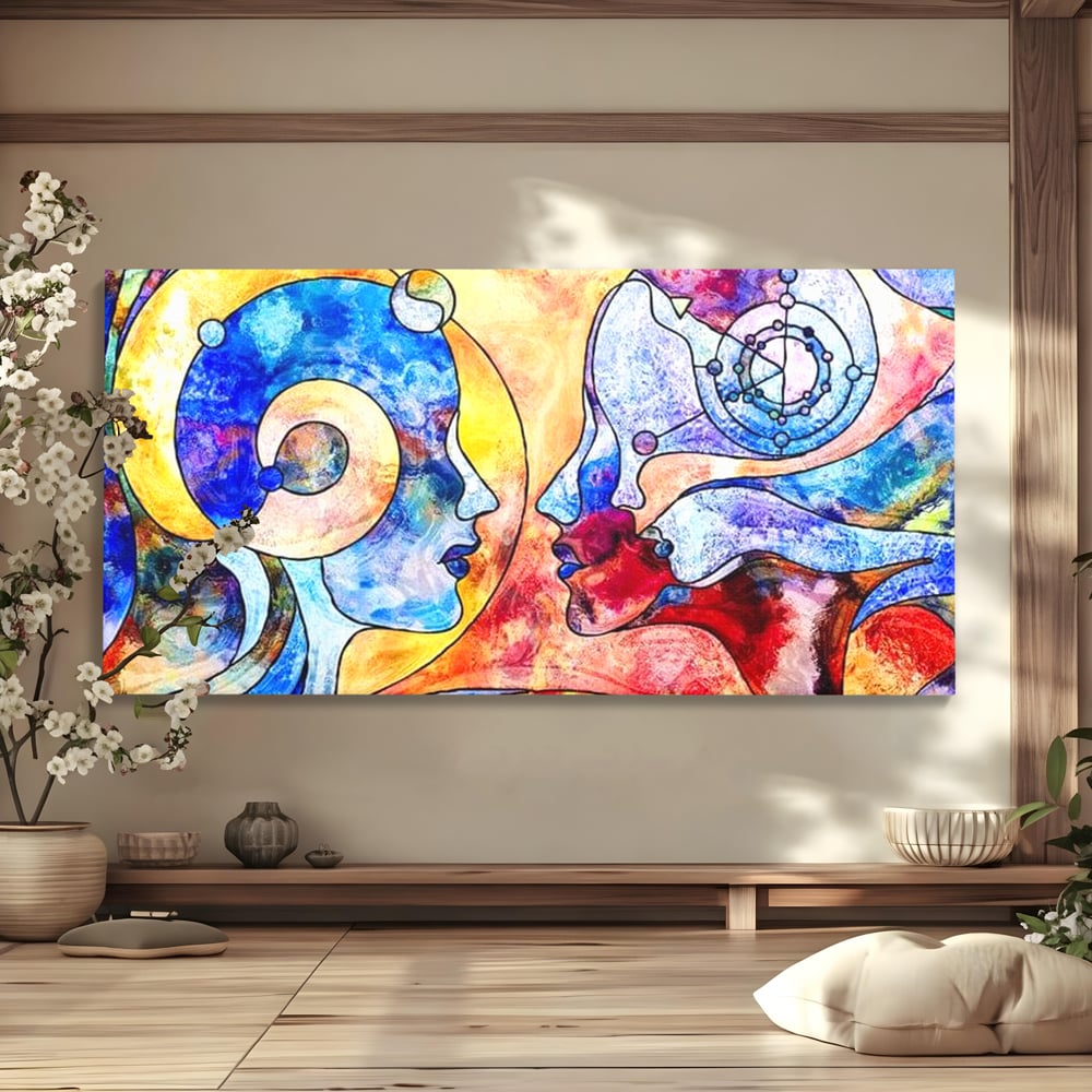 Tablou Canvas Premium, LuxCanva® E1030, Dialogul Sufletelor, Dualitate, Mister, Chipuri, Spiritual, Pereche, Living Room, Culori vibrante