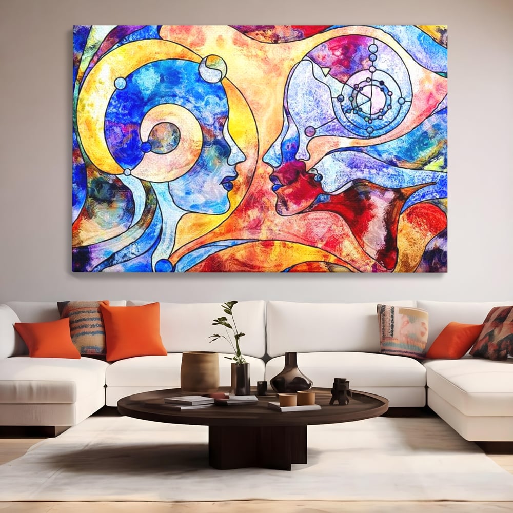 Tablou Canvas Premium, LuxCanva® E1030, Dialogul Sufletelor, Dualitate, Mister, Chipuri, Spiritual, Pereche, Living Room, Culori vibrante
