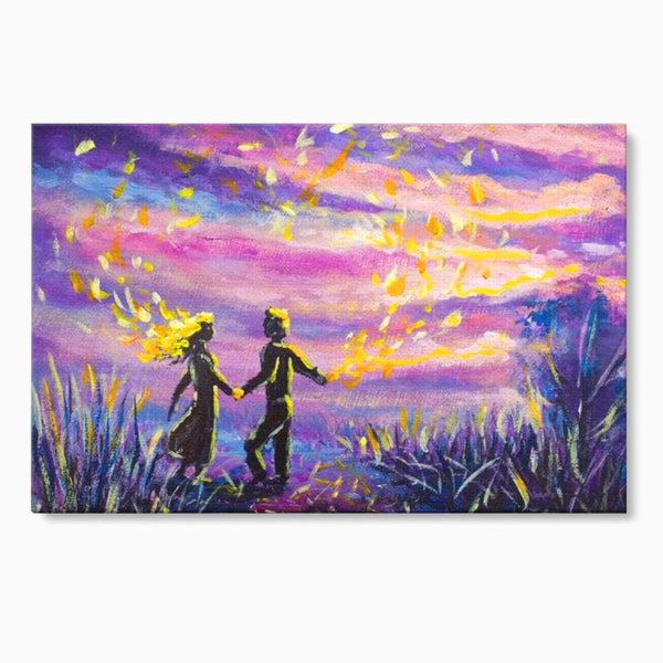 Leinwandbilder Premium LuxCanva® E1032, Hand in Hand in Richtung Unendlichkeit, Magie, Träumen, Ewigkeit, Flieder, Paar, Wohnzimmer, Lebendige Farben