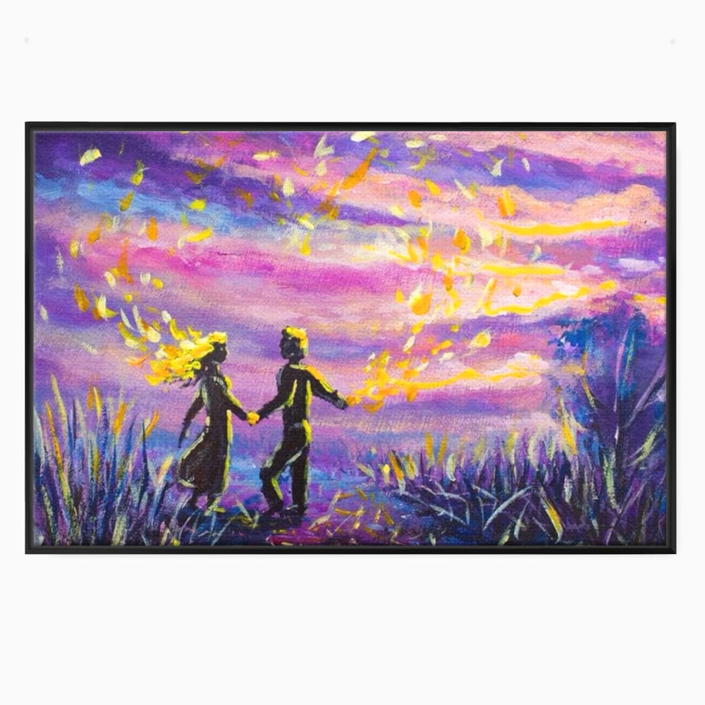 Leinwandbilder Premium LuxCanva® E1032, Hand in Hand in Richtung Unendlichkeit, Magie, Träumen, Ewigkeit, Flieder, Paar, Wohnzimmer, Lebendige Farben