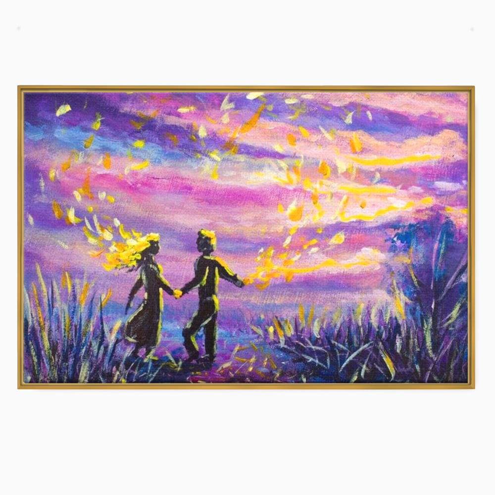 Leinwandbilder Premium LuxCanva® E1032, Hand in Hand in Richtung Unendlichkeit, Magie, Träumen, Ewigkeit, Flieder, Paar, Wohnzimmer, Lebendige Farben