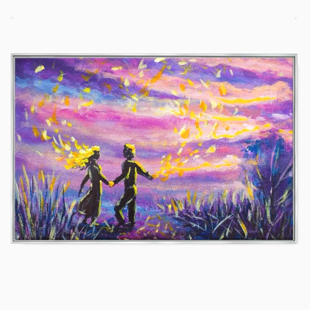 Leinwandbilder Premium LuxCanva® E1032, Hand in Hand in Richtung Unendlichkeit, Magie, Träumen, Ewigkeit, Flieder, Paar, Wohnzimmer, Lebendige Farben