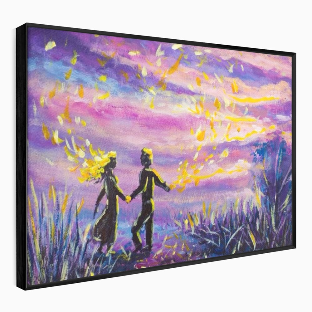 Leinwandbilder Premium LuxCanva® E1032, Hand in Hand in Richtung Unendlichkeit, Magie, Träumen, Ewigkeit, Flieder, Paar, Wohnzimmer, Lebendige Farben