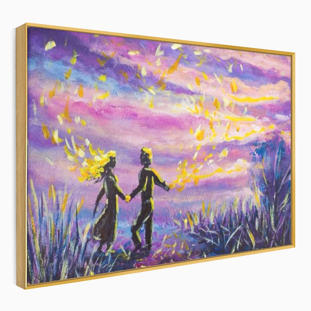 Leinwandbilder Premium LuxCanva® E1032, Hand in Hand in Richtung Unendlichkeit, Magie, Träumen, Ewigkeit, Flieder, Paar, Wohnzimmer, Lebendige Farben