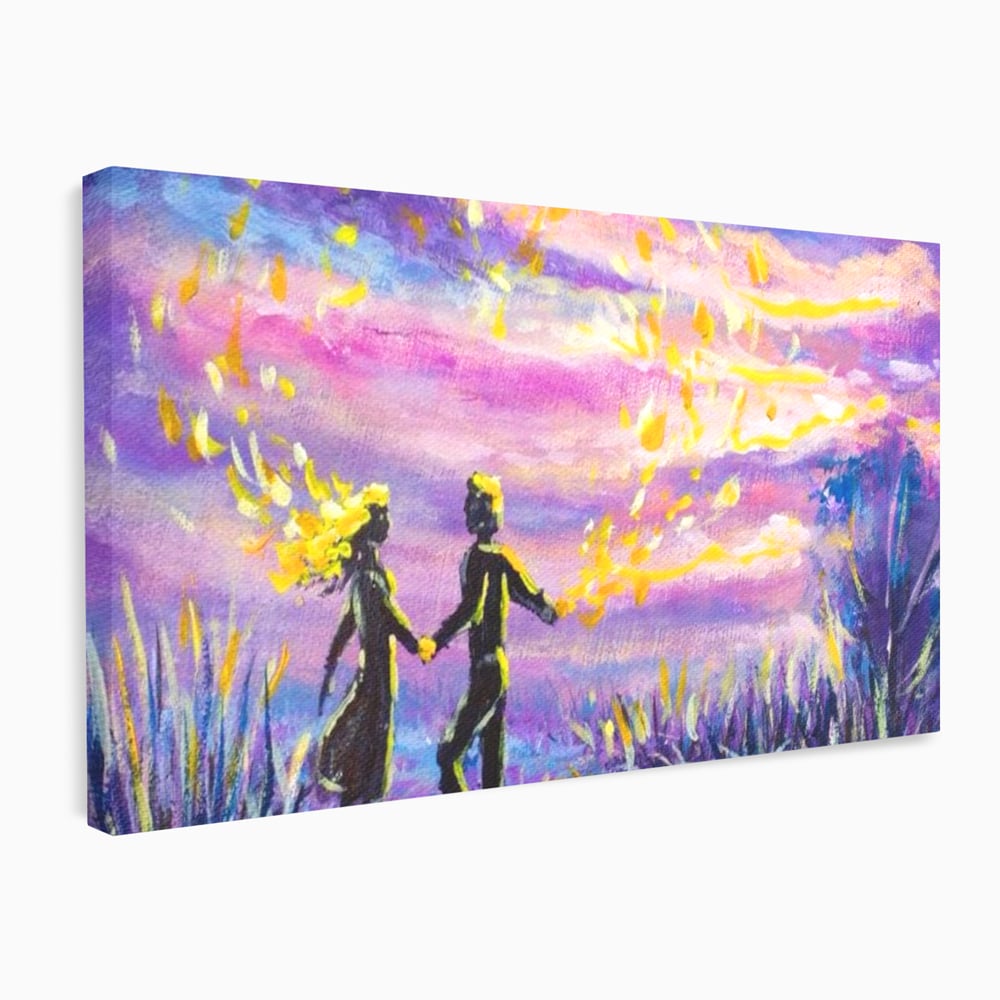 Leinwandbilder Premium LuxCanva® E1032, Hand in Hand in Richtung Unendlichkeit, Magie, Träumen, Ewigkeit, Flieder, Paar, Wohnzimmer, Lebendige Farben