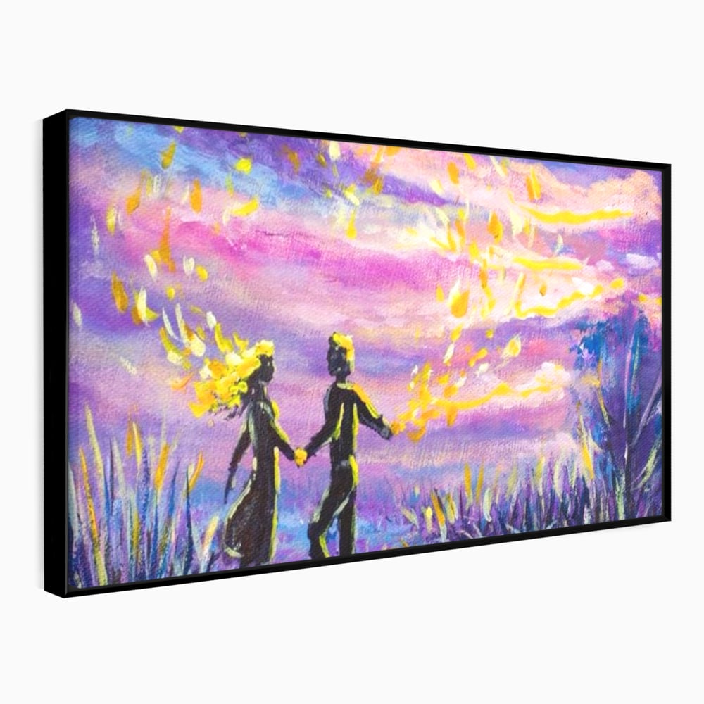 Leinwandbilder Premium LuxCanva® E1032, Hand in Hand in Richtung Unendlichkeit, Magie, Träumen, Ewigkeit, Flieder, Paar, Wohnzimmer, Lebendige Farben
