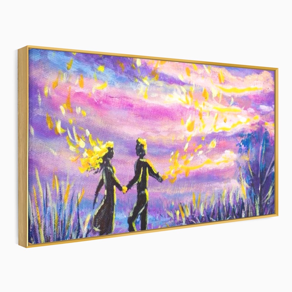 Leinwandbilder Premium LuxCanva® E1032, Hand in Hand in Richtung Unendlichkeit, Magie, Träumen, Ewigkeit, Flieder, Paar, Wohnzimmer, Lebendige Farben