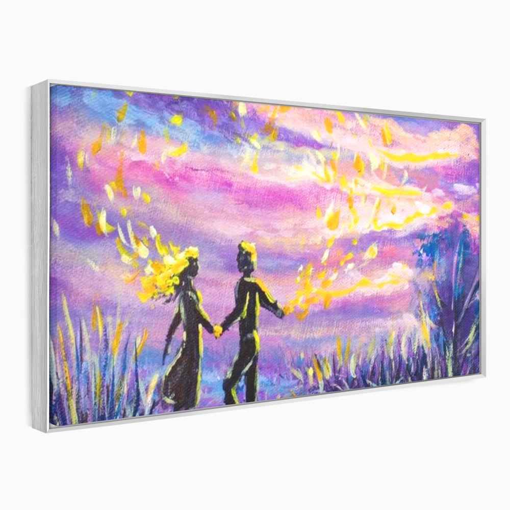 Leinwandbilder Premium LuxCanva® E1032, Hand in Hand in Richtung Unendlichkeit, Magie, Träumen, Ewigkeit, Flieder, Paar, Wohnzimmer, Lebendige Farben