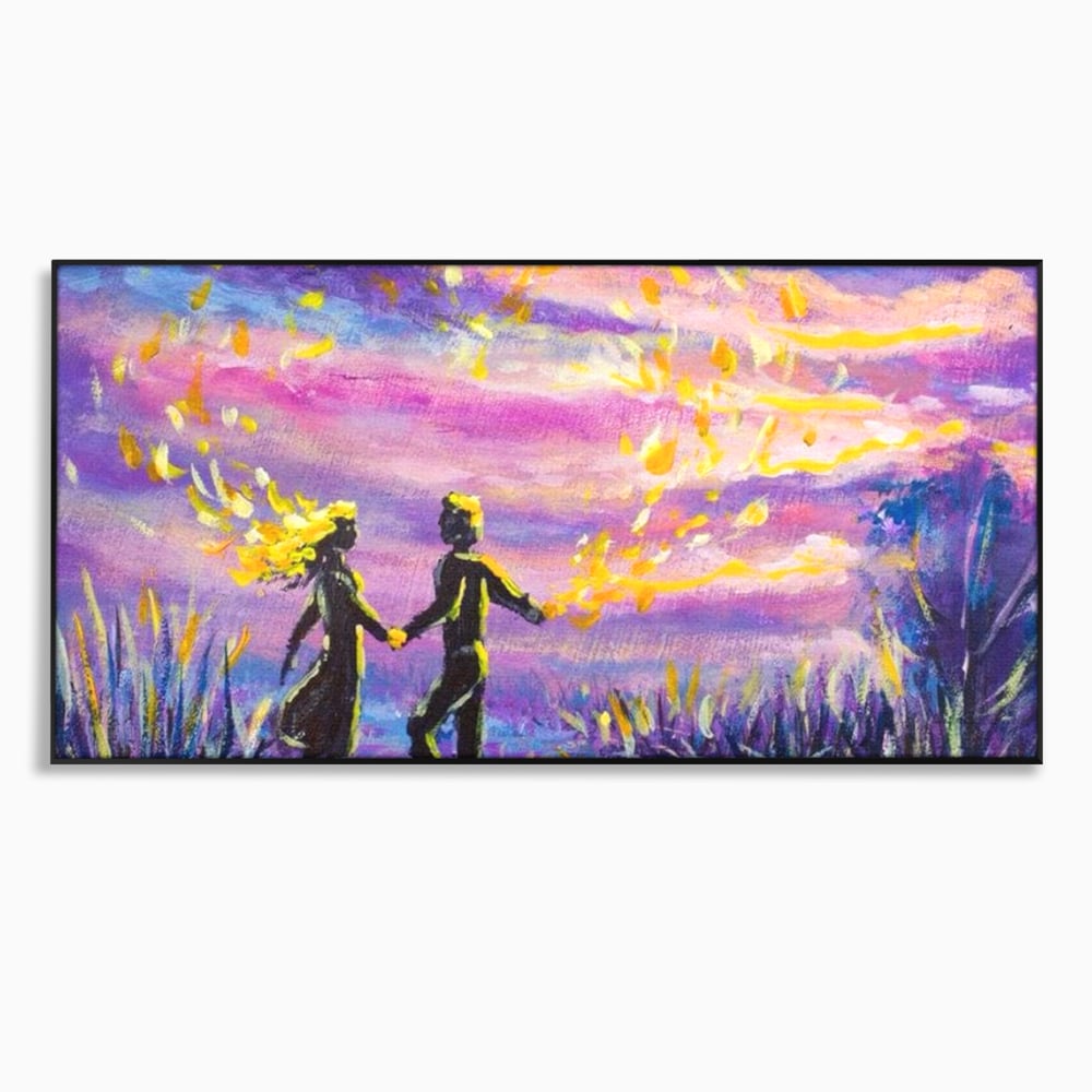 Leinwandbilder Premium LuxCanva® E1032, Hand in Hand in Richtung Unendlichkeit, Magie, Träumen, Ewigkeit, Flieder, Paar, Wohnzimmer, Lebendige Farben