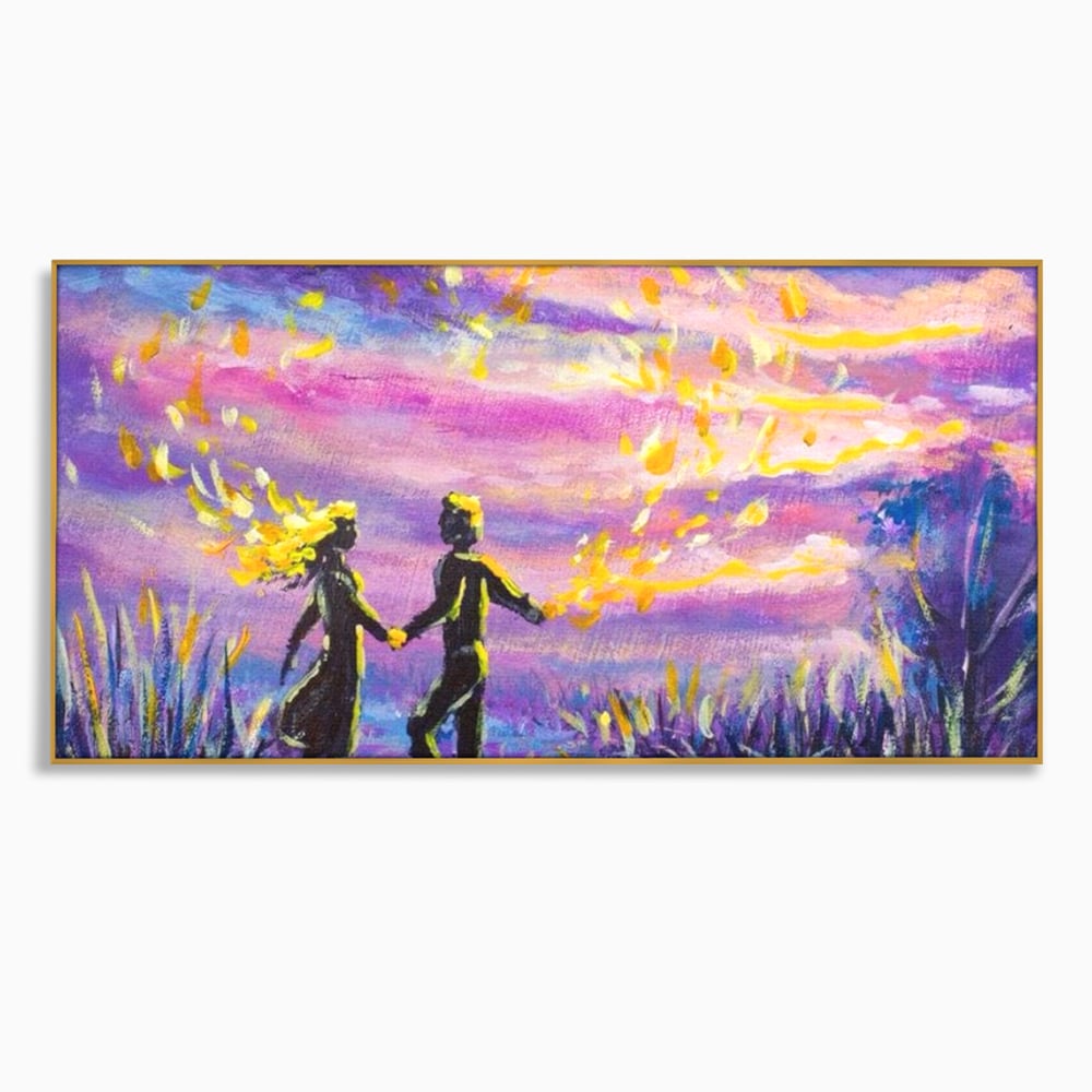 Leinwandbilder Premium LuxCanva® E1032, Hand in Hand in Richtung Unendlichkeit, Magie, Träumen, Ewigkeit, Flieder, Paar, Wohnzimmer, Lebendige Farben
