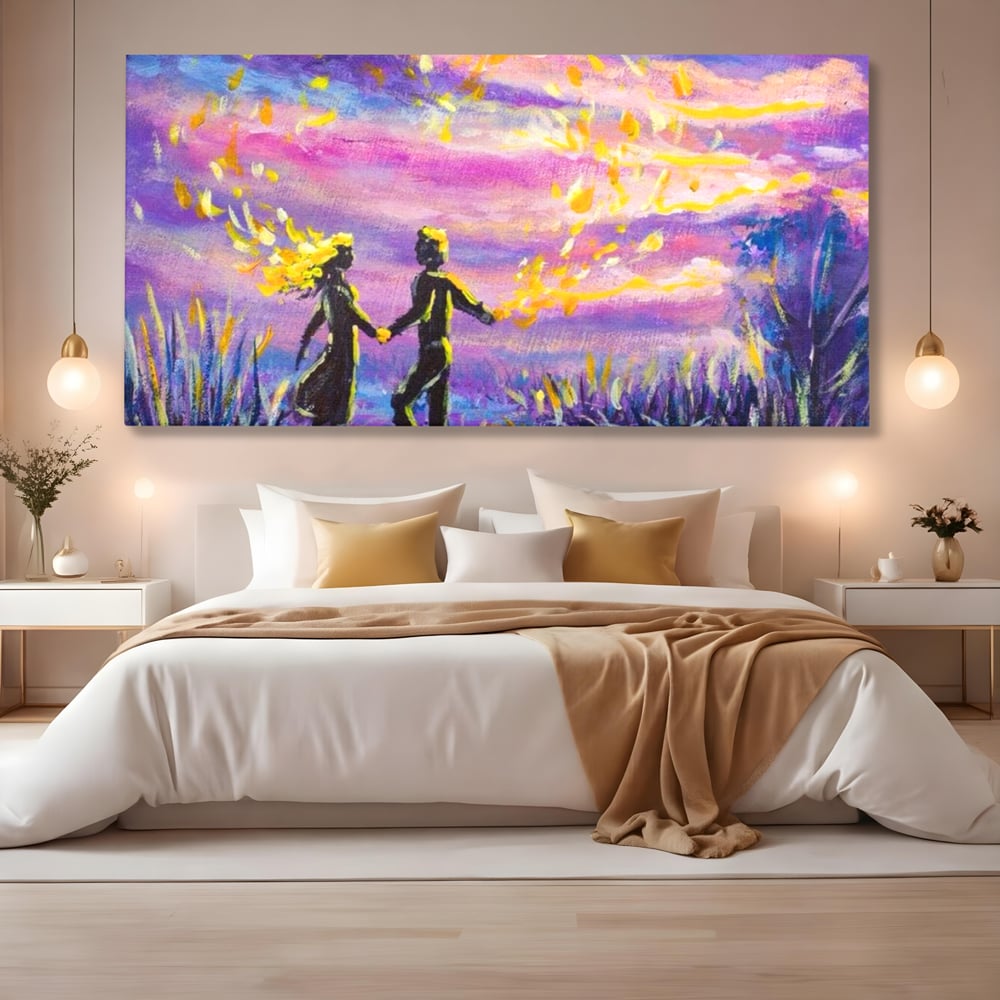 Leinwandbilder Premium LuxCanva® E1032, Hand in Hand in Richtung Unendlichkeit, Magie, Träumen, Ewigkeit, Flieder, Paar, Wohnzimmer, Lebendige Farben