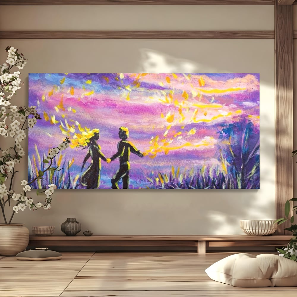 Leinwandbilder Premium LuxCanva® E1032, Hand in Hand in Richtung Unendlichkeit, Magie, Träumen, Ewigkeit, Flieder, Paar, Wohnzimmer, Lebendige Farben