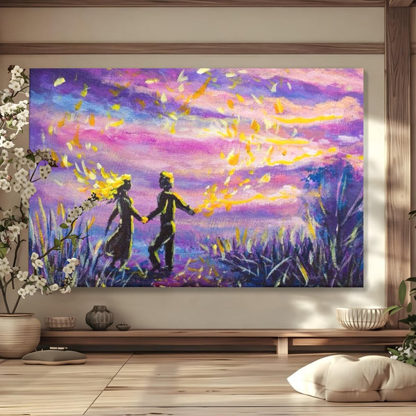 Leinwandbilder Premium LuxCanva® E1032, Hand in Hand in Richtung Unendlichkeit, Magie, Träumen, Ewigkeit, Flieder, Paar, Wohnzimmer, Lebendige Farben