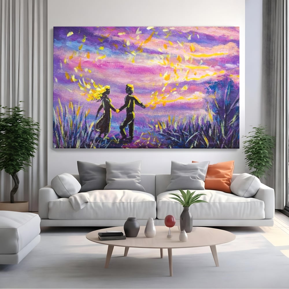 Leinwandbilder Premium LuxCanva® E1032, Hand in Hand in Richtung Unendlichkeit, Magie, Träumen, Ewigkeit, Flieder, Paar, Wohnzimmer, Lebendige Farben