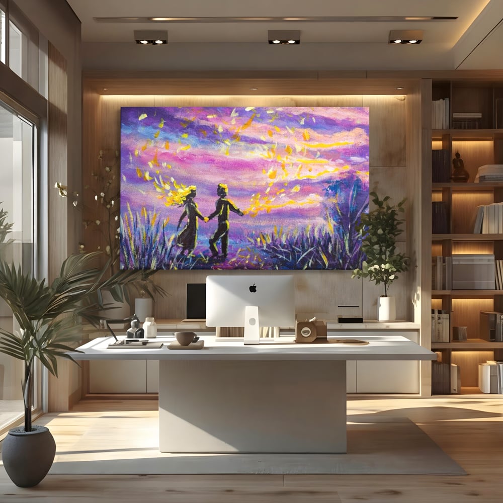 Leinwandbilder Premium LuxCanva® E1032, Hand in Hand in Richtung Unendlichkeit, Magie, Träumen, Ewigkeit, Flieder, Paar, Wohnzimmer, Lebendige Farben