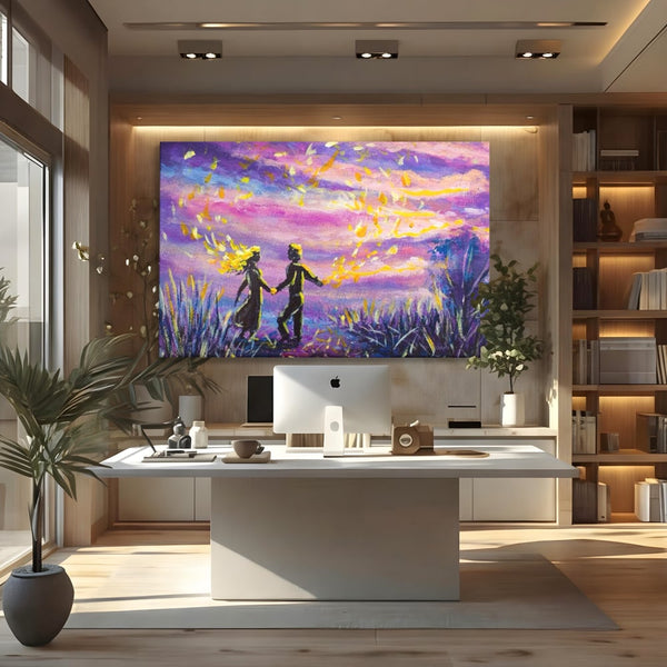 Leinwandbilder Premium LuxCanva® E1032, Hand in Hand in Richtung Unendlichkeit, Magie, Träumen, Ewigkeit, Flieder, Paar, Wohnzimmer, Lebendige Farben