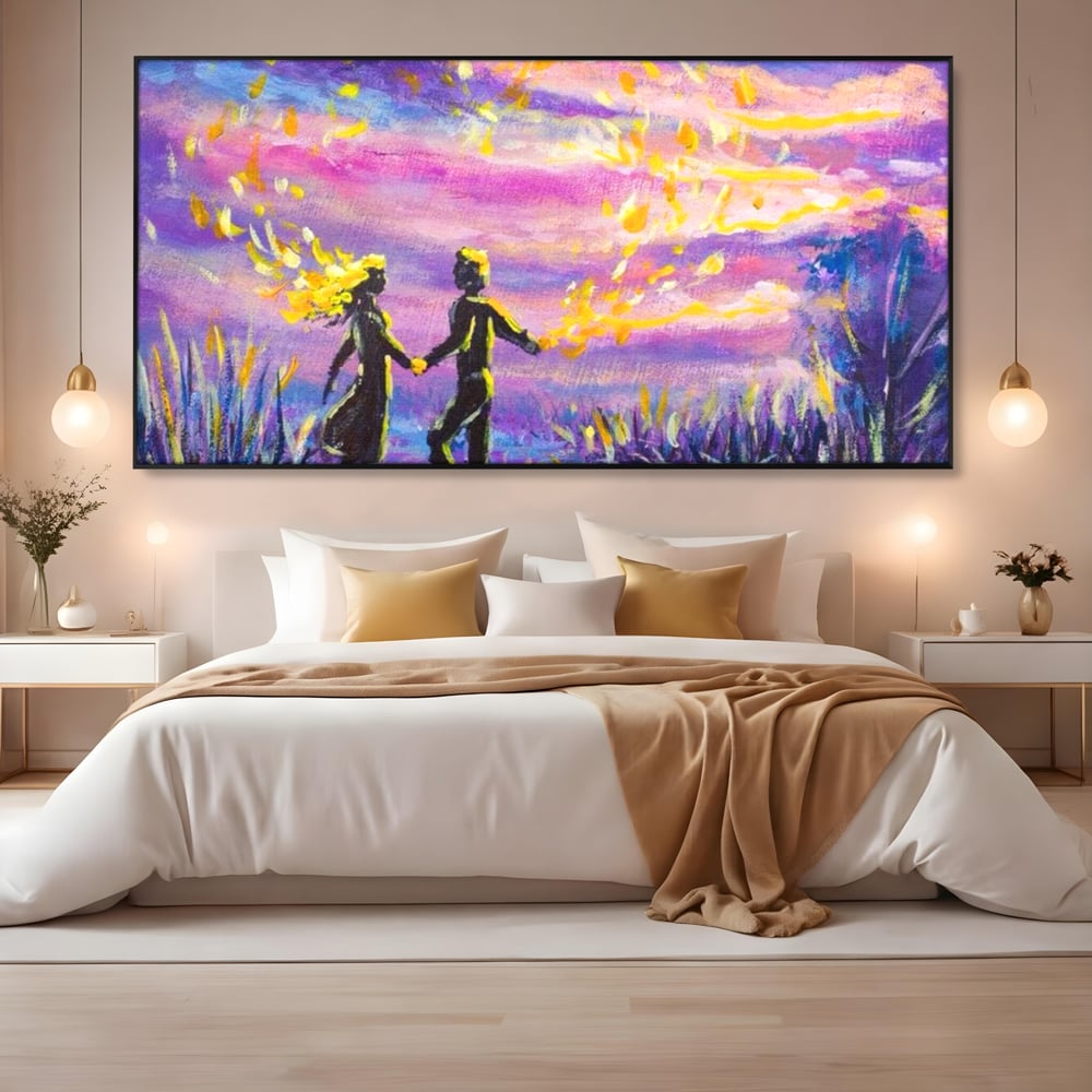 Leinwandbilder Premium LuxCanva® E1032, Hand in Hand in Richtung Unendlichkeit, Magie, Träumen, Ewigkeit, Flieder, Paar, Wohnzimmer, Lebendige Farben
