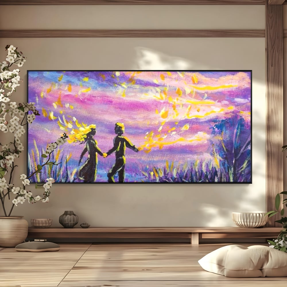 Leinwandbilder Premium LuxCanva® E1032, Hand in Hand in Richtung Unendlichkeit, Magie, Träumen, Ewigkeit, Flieder, Paar, Wohnzimmer, Lebendige Farben