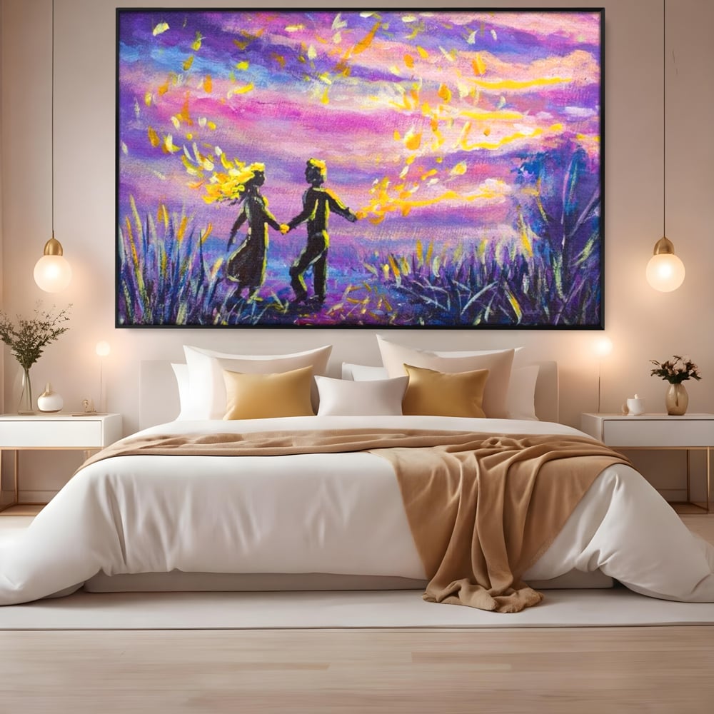 Leinwandbilder Premium LuxCanva® E1032, Hand in Hand in Richtung Unendlichkeit, Magie, Träumen, Ewigkeit, Flieder, Paar, Wohnzimmer, Lebendige Farben