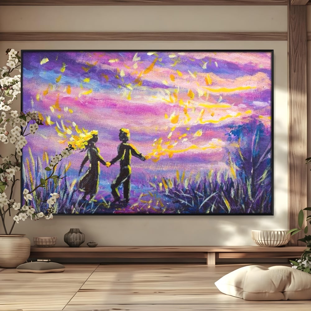 Leinwandbilder Premium LuxCanva® E1032, Hand in Hand in Richtung Unendlichkeit, Magie, Träumen, Ewigkeit, Flieder, Paar, Wohnzimmer, Lebendige Farben