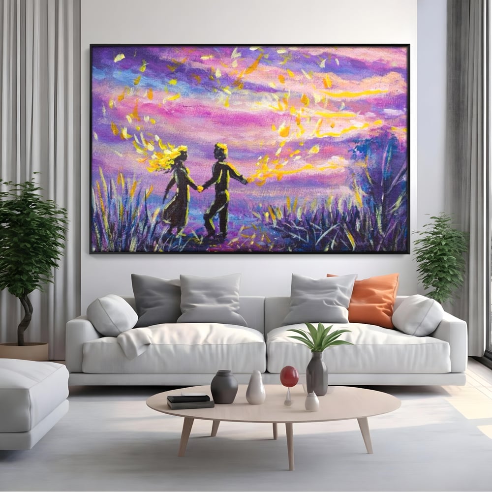 Leinwandbilder Premium LuxCanva® E1032, Hand in Hand in Richtung Unendlichkeit, Magie, Träumen, Ewigkeit, Flieder, Paar, Wohnzimmer, Lebendige Farben
