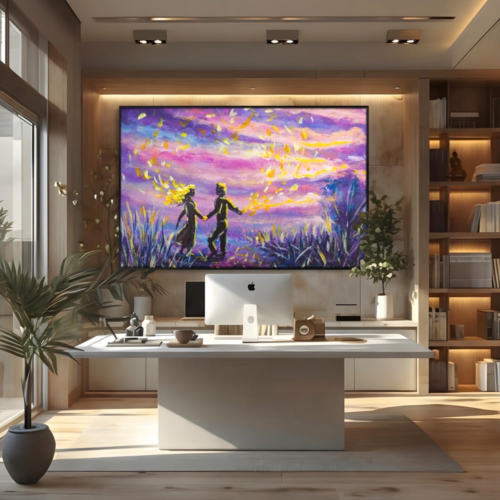 Leinwandbilder Premium LuxCanva® E1032, Hand in Hand in Richtung Unendlichkeit, Magie, Träumen, Ewigkeit, Flieder, Paar, Wohnzimmer, Lebendige Farben