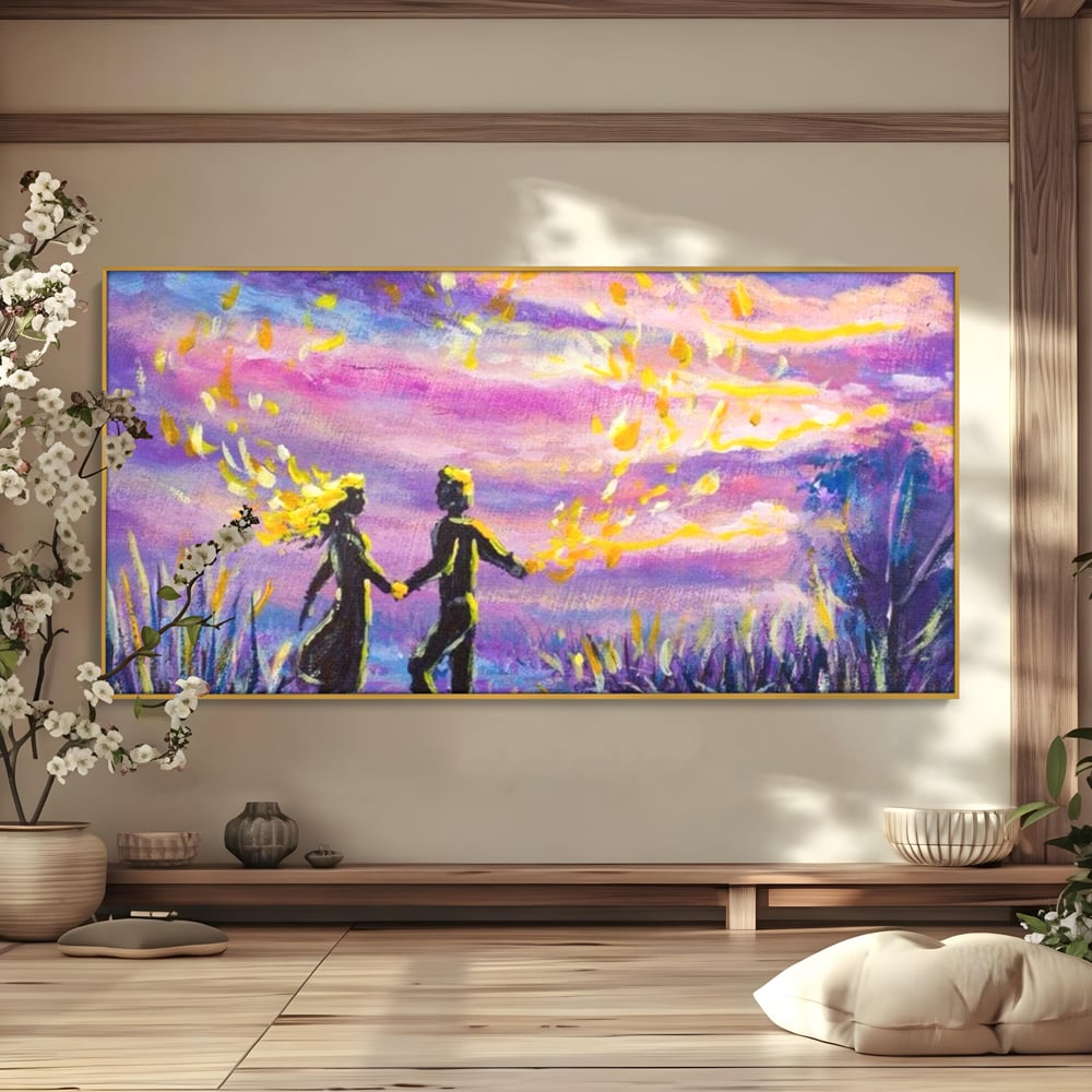 Leinwandbilder Premium LuxCanva® E1032, Hand in Hand in Richtung Unendlichkeit, Magie, Träumen, Ewigkeit, Flieder, Paar, Wohnzimmer, Lebendige Farben