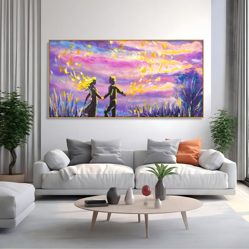 Leinwandbilder Premium LuxCanva® E1032, Hand in Hand in Richtung Unendlichkeit, Magie, Träumen, Ewigkeit, Flieder, Paar, Wohnzimmer, Lebendige Farben