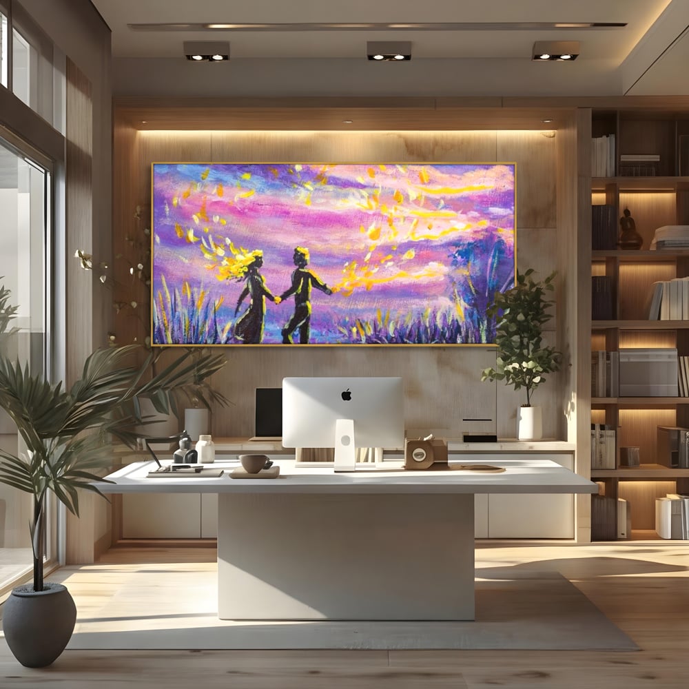 Leinwandbilder Premium LuxCanva® E1032, Hand in Hand in Richtung Unendlichkeit, Magie, Träumen, Ewigkeit, Flieder, Paar, Wohnzimmer, Lebendige Farben
