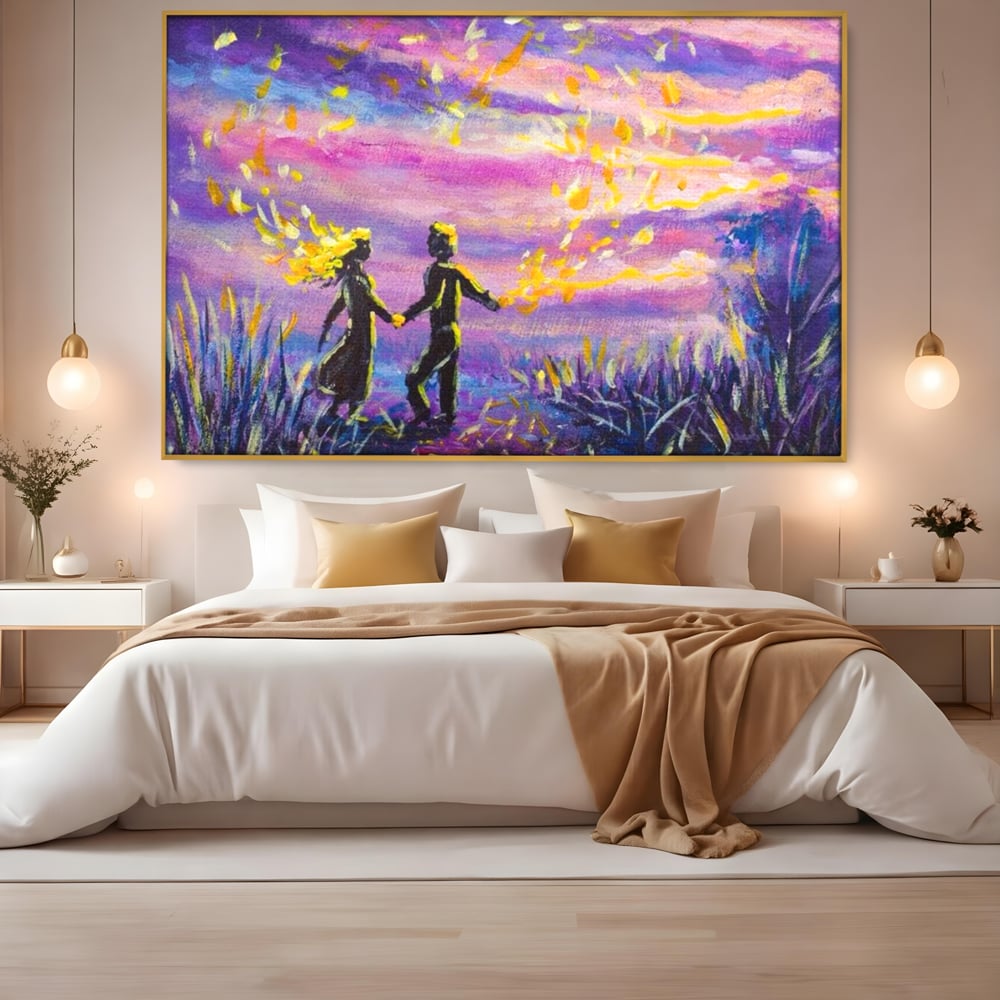 Leinwandbilder Premium LuxCanva® E1032, Hand in Hand in Richtung Unendlichkeit, Magie, Träumen, Ewigkeit, Flieder, Paar, Wohnzimmer, Lebendige Farben
