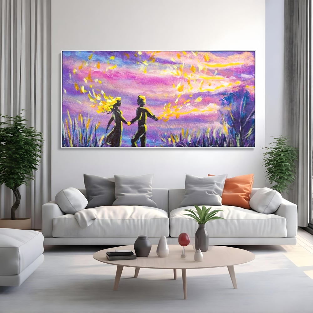 Leinwandbilder Premium LuxCanva® E1032, Hand in Hand in Richtung Unendlichkeit, Magie, Träumen, Ewigkeit, Flieder, Paar, Wohnzimmer, Lebendige Farben