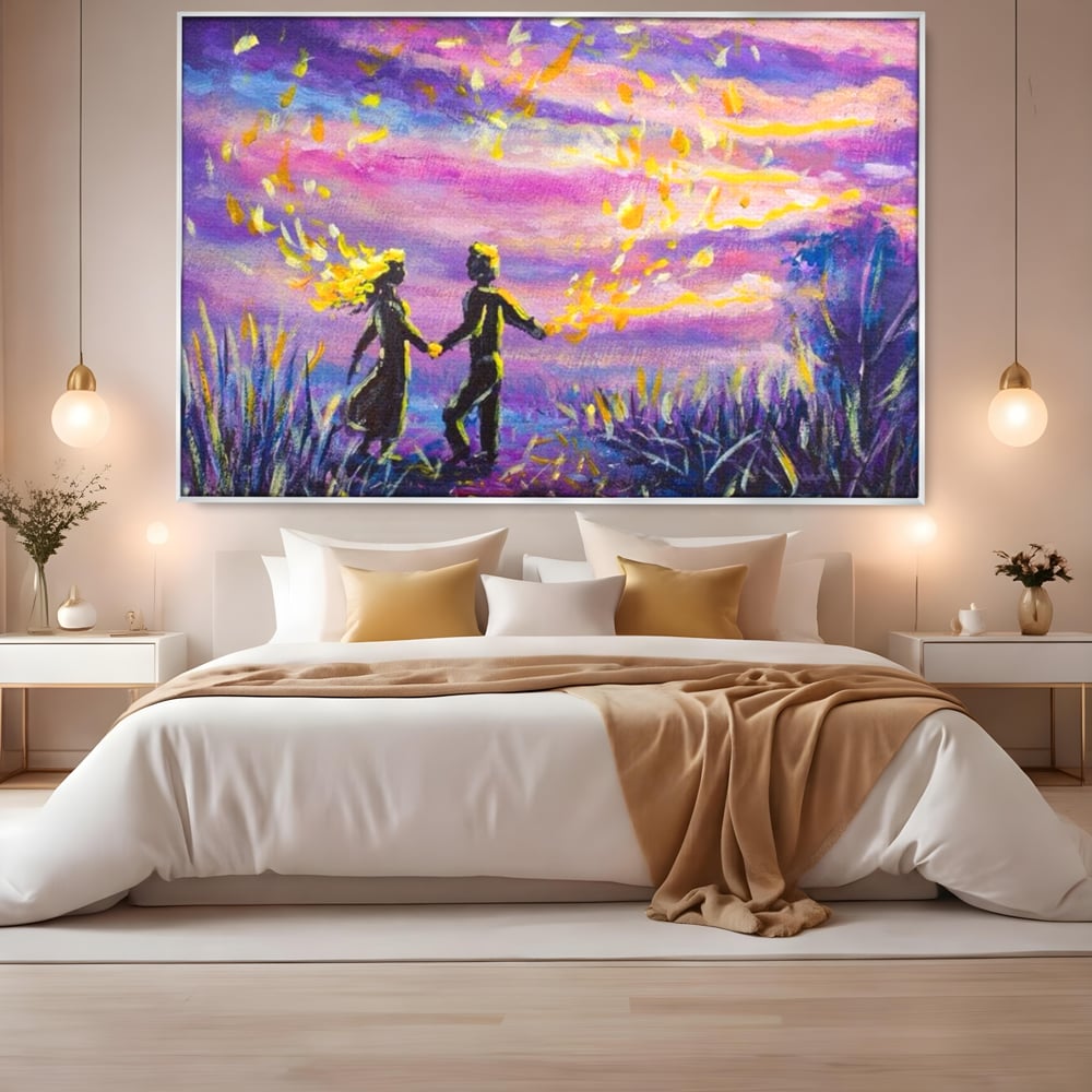 Leinwandbilder Premium LuxCanva® E1032, Hand in Hand in Richtung Unendlichkeit, Magie, Träumen, Ewigkeit, Flieder, Paar, Wohnzimmer, Lebendige Farben