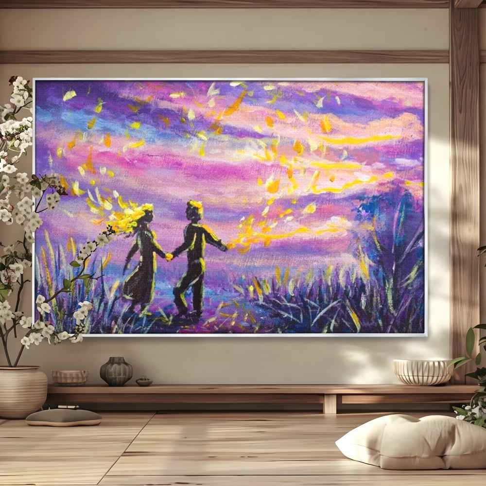 Leinwandbilder Premium LuxCanva® E1032, Hand in Hand in Richtung Unendlichkeit, Magie, Träumen, Ewigkeit, Flieder, Paar, Wohnzimmer, Lebendige Farben