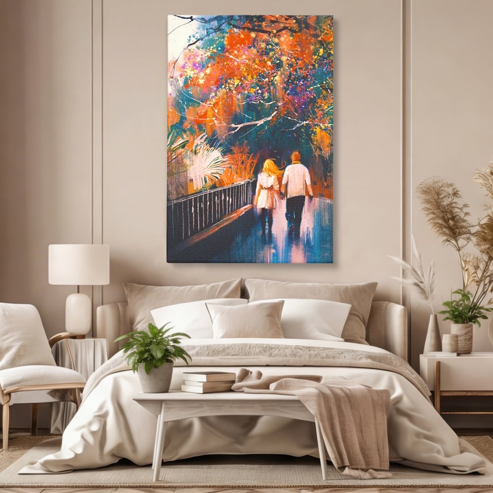Tablou Canvas Premium LuxCanva® E1034, Tindandu-se de Mana in Parc, Toamna, Ruginiu, Natura, Parc, Cuplu, Living Room, Culori vibrante